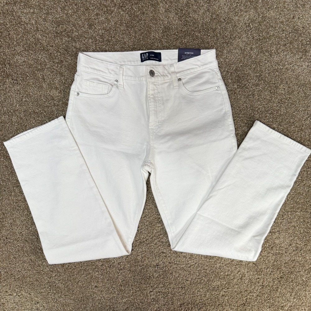 Gap Denim Girlfriend Jeans Womens 0/25 White Stretch Mid Rise Tapered Leg NEW